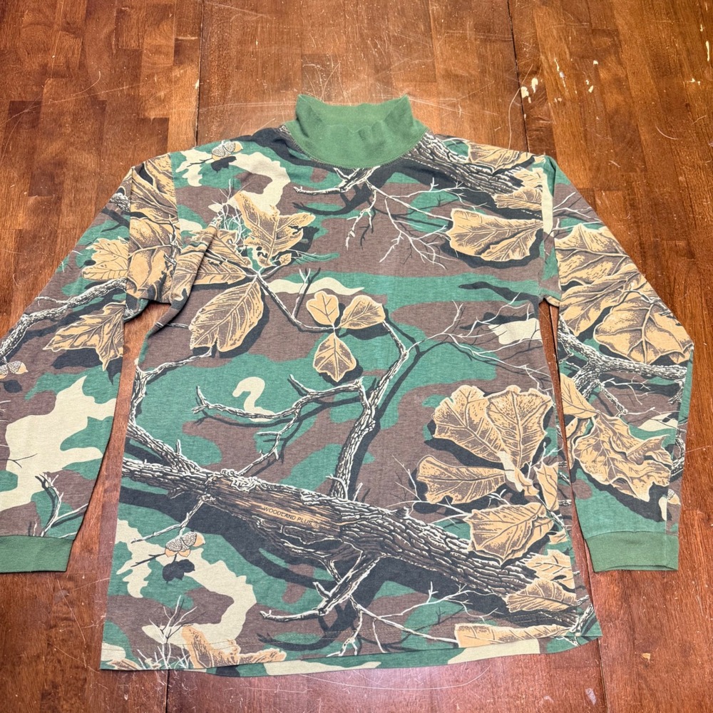 Vtg Woodland Plus Mock Neck Shirt Mens XL Green Camo Long Sleeve Leaf Print‎